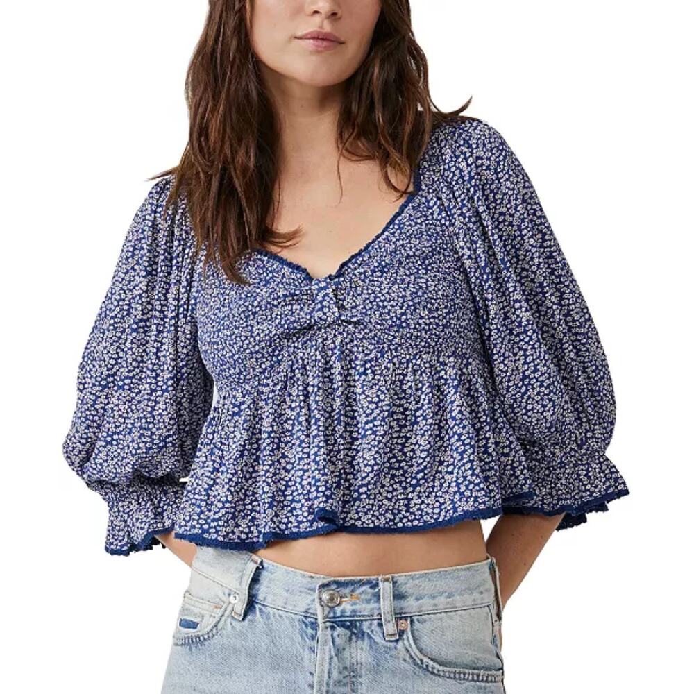 Free People Brittnee Printed Smocked-Back Peplum Top – Blue Floral – Size S